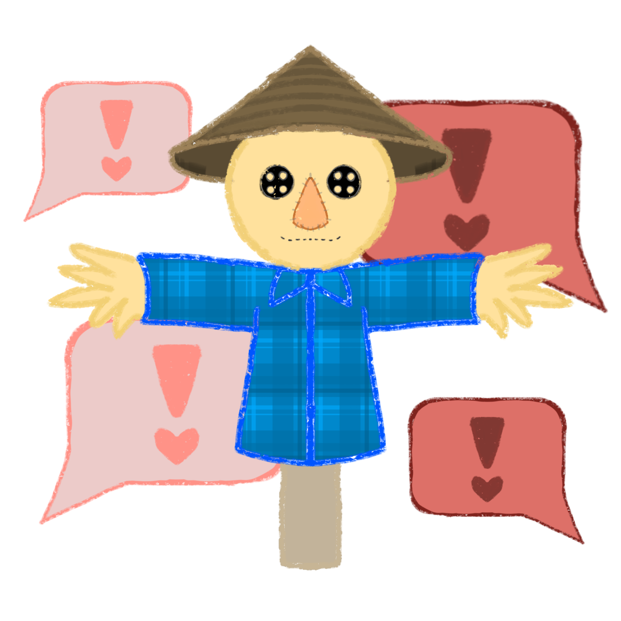 a scarecrow-like figure with a plaid blue shirt, straw-colored skin, and a simple cone-shaped brown hat. It has cute, round eyes and a stitched smile, with arms stretched out. Surrounding it are pink and red speech bubbles with exclamation marks.